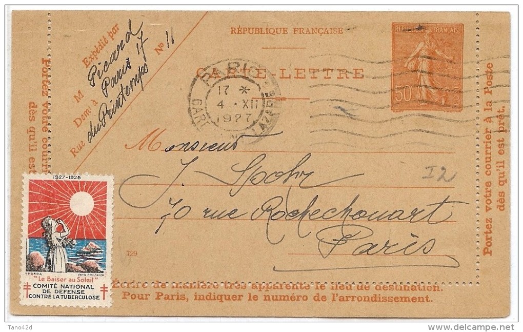 LPP6B-  FRANCE CL SEMEUSE IGNEE 50c OBLITEREE AVEC VIGNETTE DE BIENFAISANCE - Cartoline-lettere