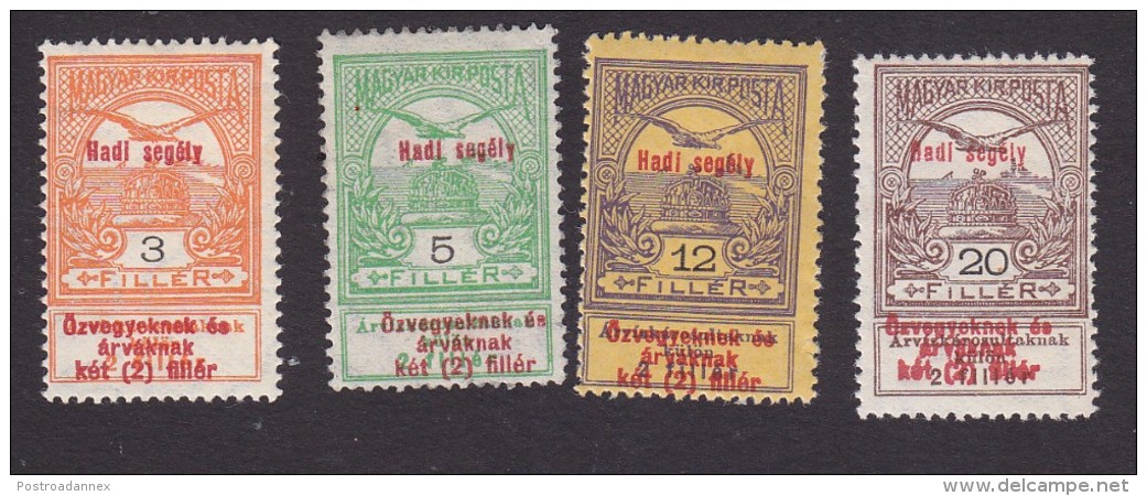 Hungary, Scott #B20-B21, B24, B26, Mint Hinged, "Turul" And Crown Of St Stephen Surcharged, Issued 1914 - Nuovi