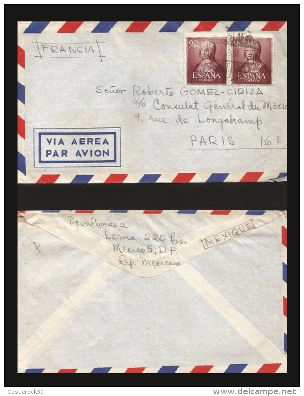 B)1951 SPAIN, ROYAL, QUEEN ISABELLA I ,  50C BROWN, SC 781 A206, AIRMail, CIRCULATED COVER FROM SPAIN TO MEXICO, XF - Ungebraucht