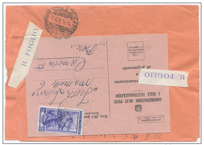 1953 ORDINE MERITO L. 25 + LAVORO L. 15+65 BUSTA RACC. 13.5.53 CON AVVISO RIC. PRESENTE AL RETRO OTTIMA QUALITÀ (6814) - 1946-60: Storia Postale