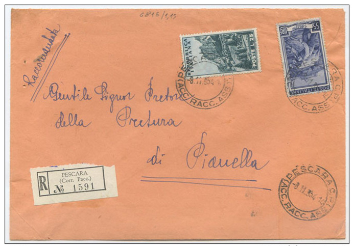 1953 CORTINA L. 25 + LAVORO  L. 55 BUSTA IN TARIFFA LETTERA RACCOMANDATA 3.11.54 OTTIMA QUALITÀ (6815) - 1946-60: Storia Postale