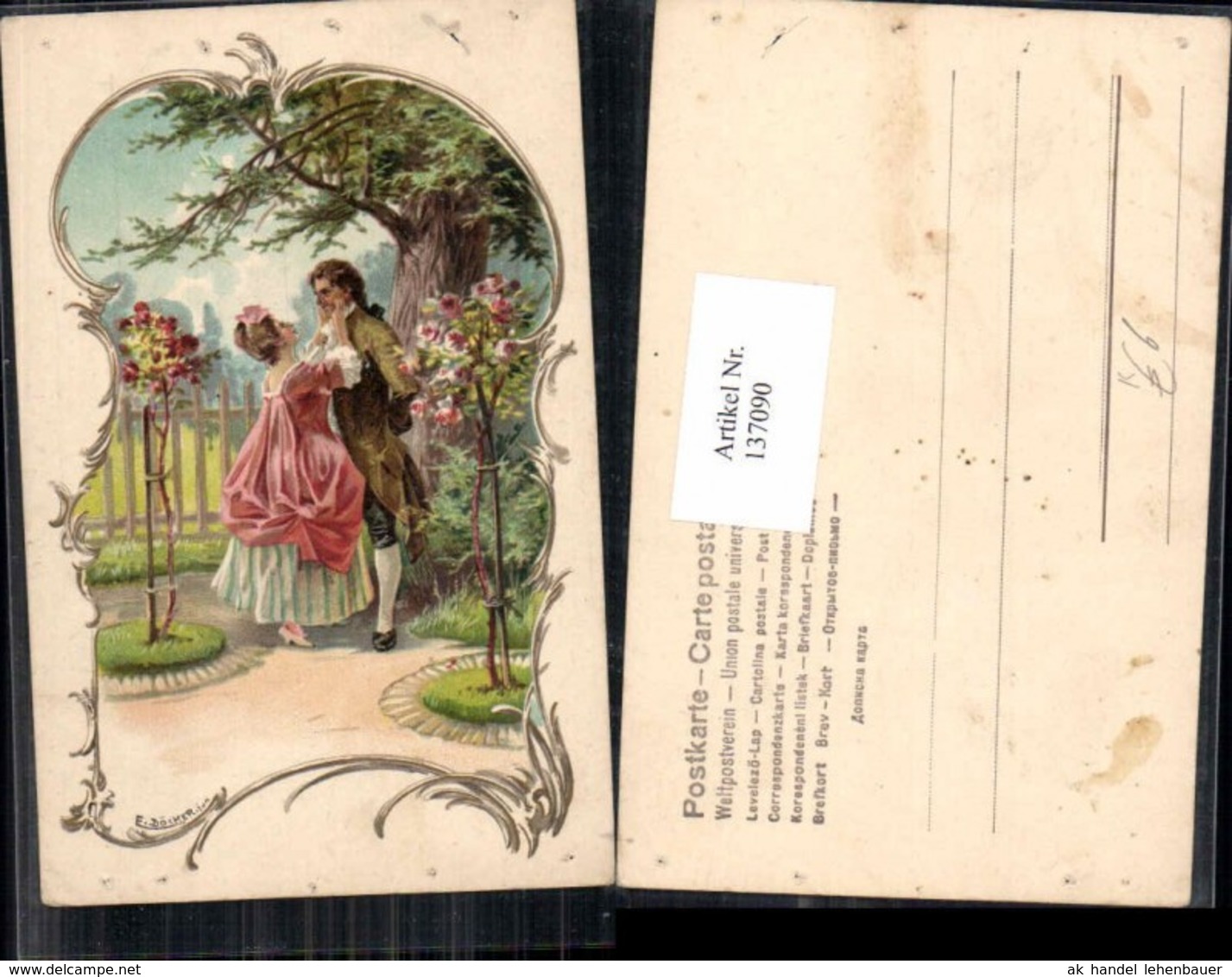 137090,E. D&ouml;cker Jun. Litho Liebespaar Paar Baum Blumen 1900 - Doecker, E.