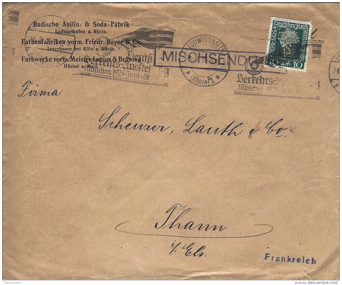 1925- Cover From Badische Aniline & Soda  Fr. Michel N° 368 Perforated  B A / S - Lettres & Documents