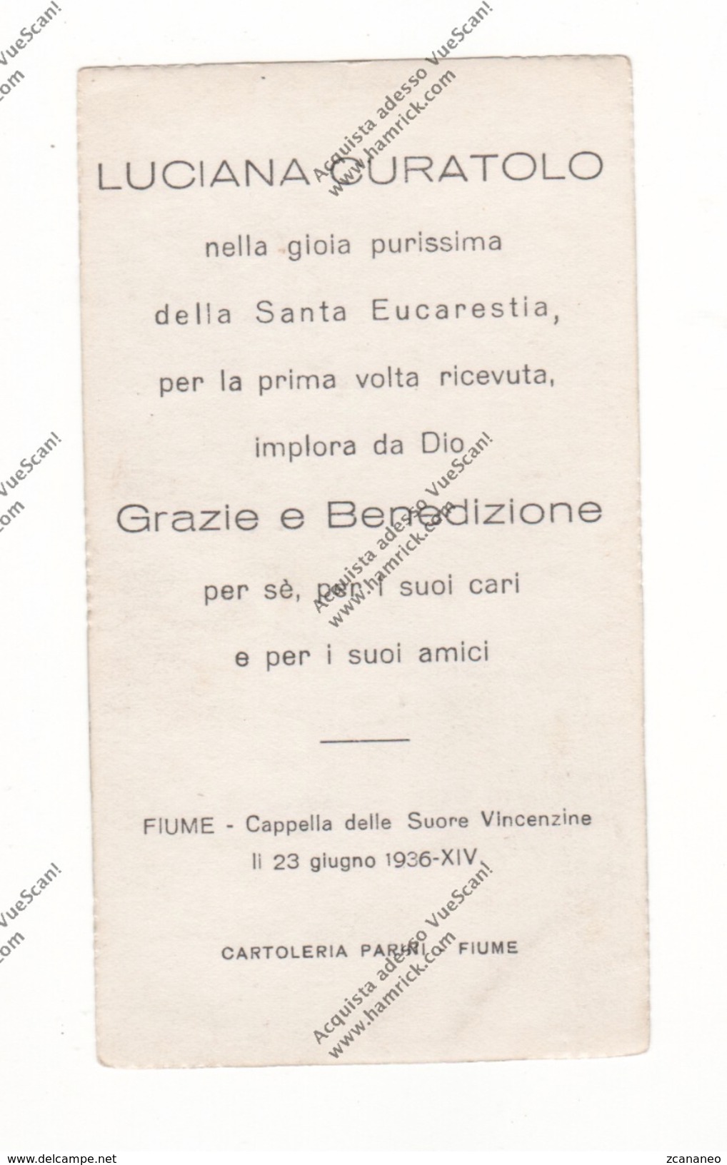 VECCHIO SANTINO DELLA 1° COMUNIONE FATTA A FIUME IL 23 GIUGNO 1936 - - Santini