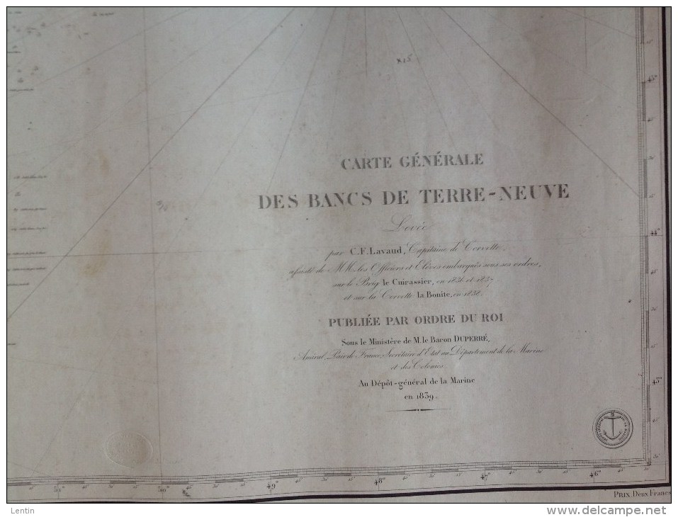 Carte Générale Des Bancs De Terre Neuve Levée Par C.F.Lavaud Capitaine De Corvette En 1839 - Nautical Charts