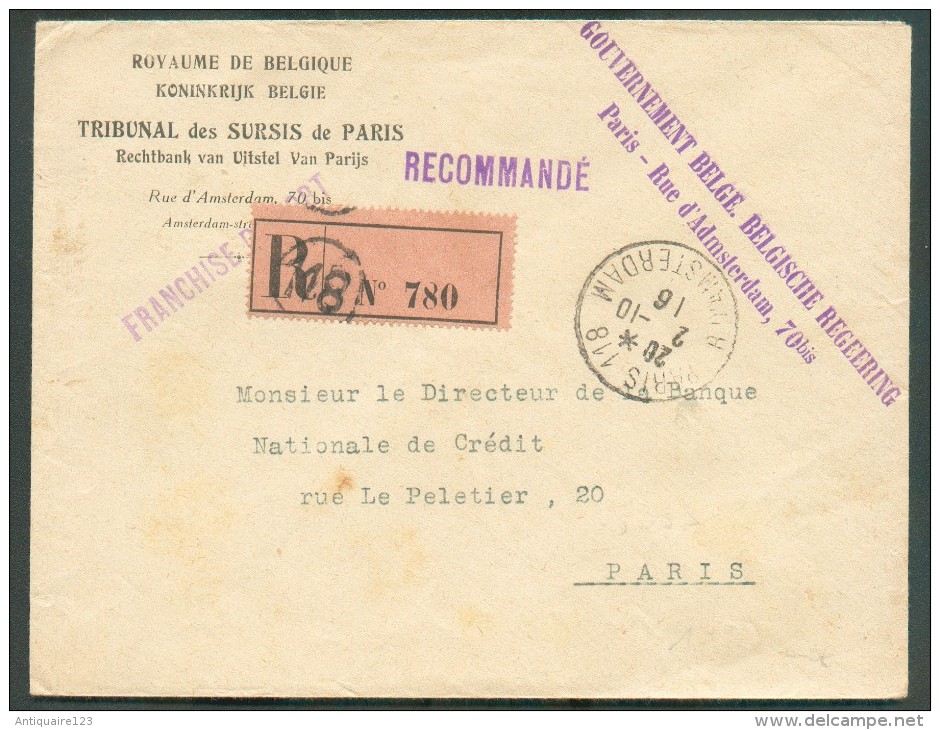 LE HAVRE Sainte ADRESSE - Enveloppe Recommandée Expédiée De PARIS 118 R. AMsterdam Le 2-10-1916 Avec Griffe Violette GOU - Autres & Non Classés