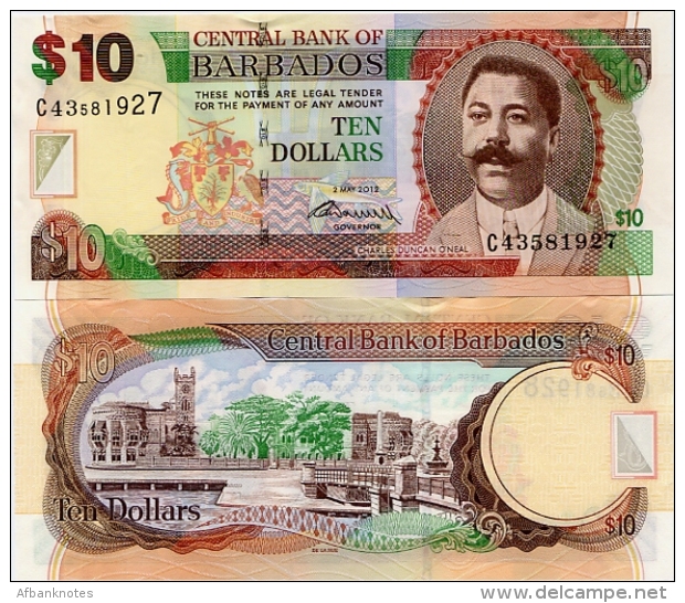 BARBADOS       10 Dollars       P-68c       2.5.2012       UNC - Barbados