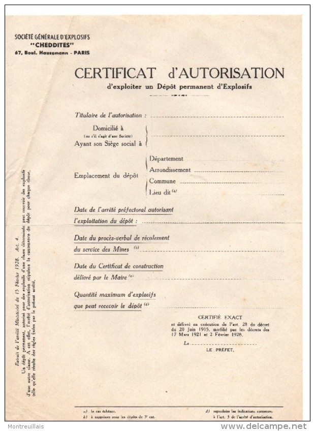 Certificat Autorisation (décret 1928) Vierge D'exploiter Dépôt D'explosifs "CHEDDITES" - Europe