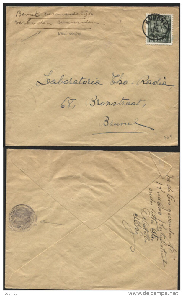 N°768 Obl. KUURNE S/ Lettre Vers Bxl 1949 + Man. "BEVAT VERBODEN WAARDEN" Et Décalque Pièce De Monnaie Au Crayon (769) - 1948 Esportazione