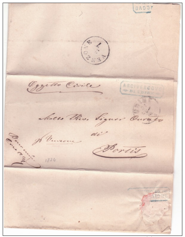 Lettera In Franchigia Timbro Arcivescovo Di Udine Per Portis 1874 - 1. ...-1850 Prefilatelia