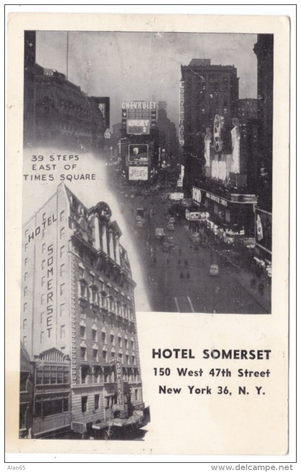 Hotel Somerset Times Square 150 West 47th Street, New York City Manhattan, C1940s Vintage Postcard - Time Square