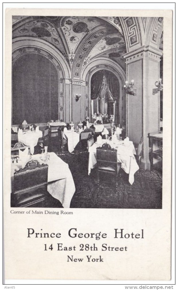 Prince George Hotel 14 East 28th Street, New York City Manhattan, C1920s/30s Vintage Postcard - Bares, Hoteles Y Restaurantes