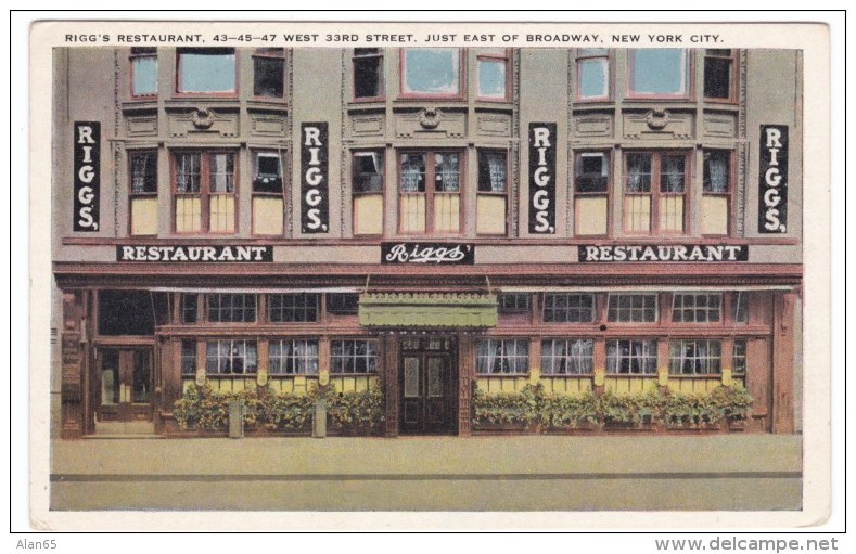 Rigg's Restaurant 43-45-47 West 33rd Street, New York City Manhattan, C1910s/20s Vintage Postcard - Bars, Hotels & Restaurants