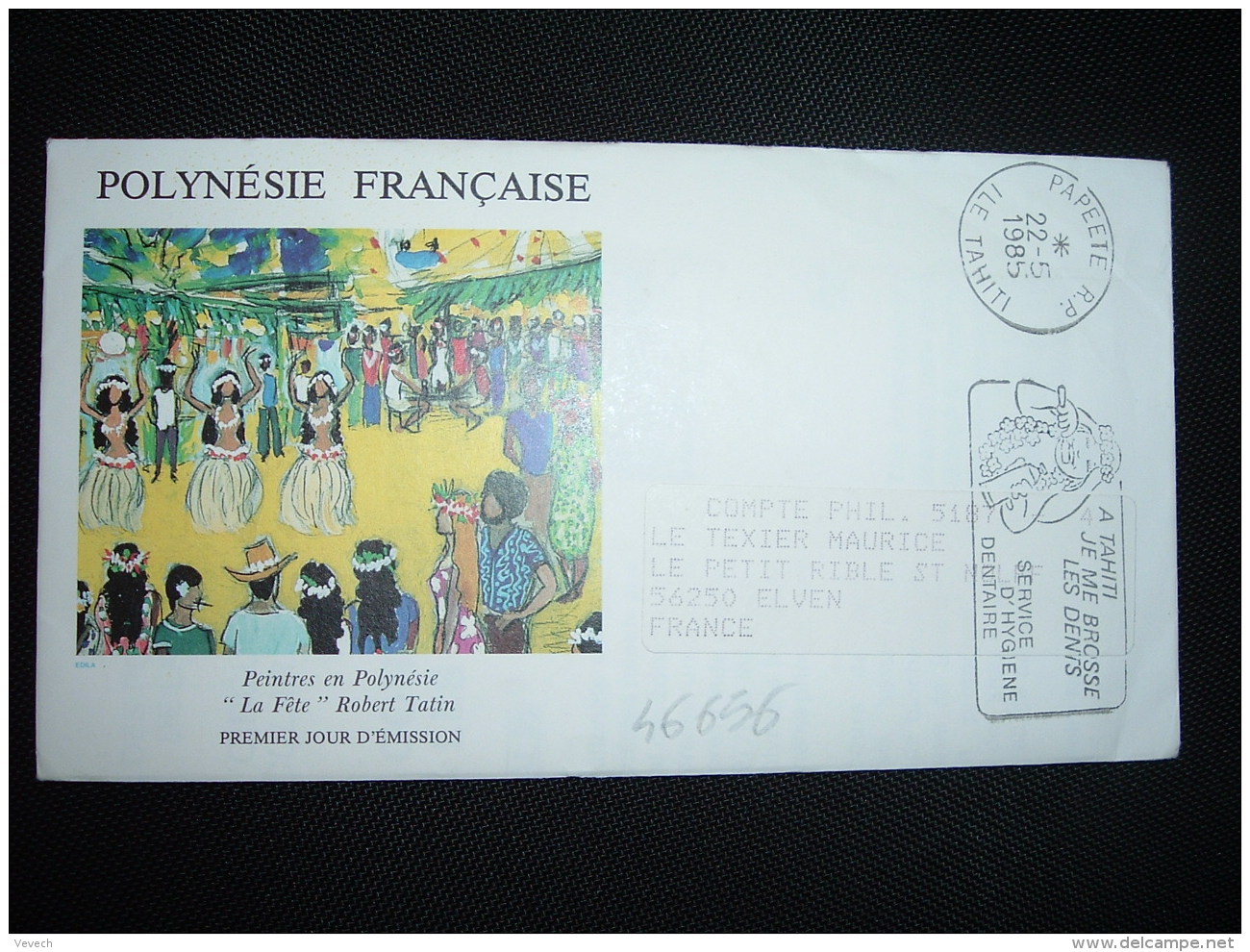 LETTRE PEINTRES EN POLYNESIE OBL.MEC.22-5-1985 PAPEETE RP + A TAHITI JE ME BROSSE LES DENTS - Lettres & Documents