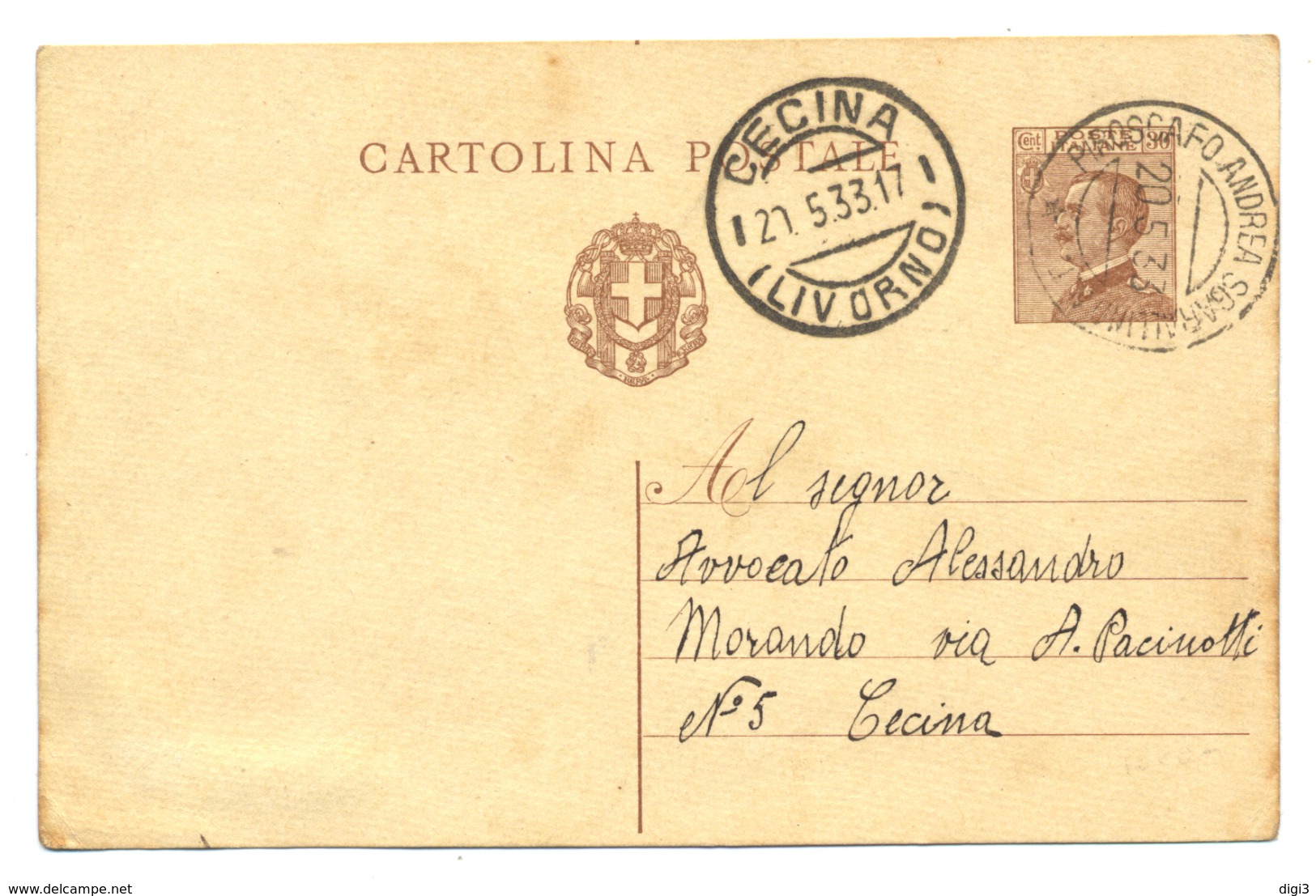 NavigazioneToscana, Piroscafo Andrea Sgarallino, Su Cartolina Postale Da Portoferraio Per Cecina, 20-5-33 - Marcofilía