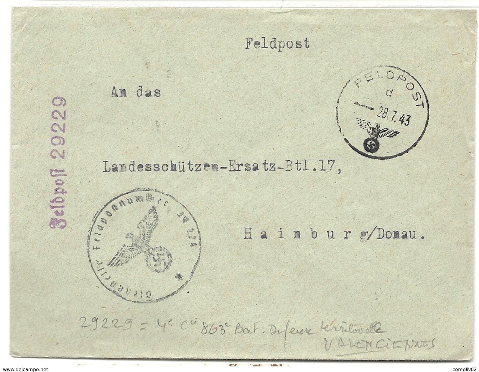 WW2 - Feldpostnummer 29229 - Secteur De Valenciennes (Nord) Pour HAINBURG/Donau. 1943 - 2. Weltkrieg 1939-1945