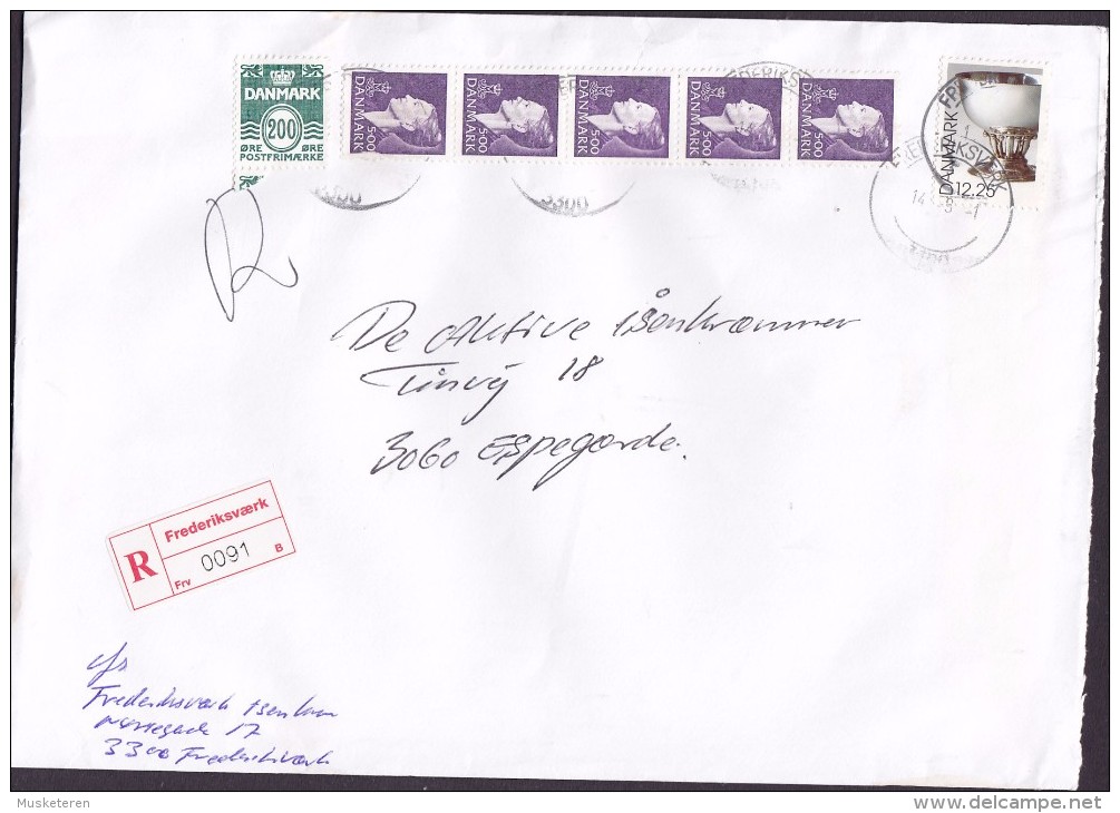 Denmark Registered Einschreiben Label FREDERIKSVÆRK 1998? Cover Brief ESPERGÆRDE 5-Stripe Margrethe 12.25 Kr Silver Cup - Briefe U. Dokumente