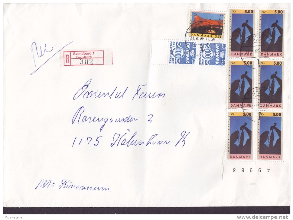 Denmark Registered Einschreiben Label SVENDBORG 1995 Cover Brief 6-Block NORDIA W. Margin Roskilde Festival Stamps - Briefe U. Dokumente