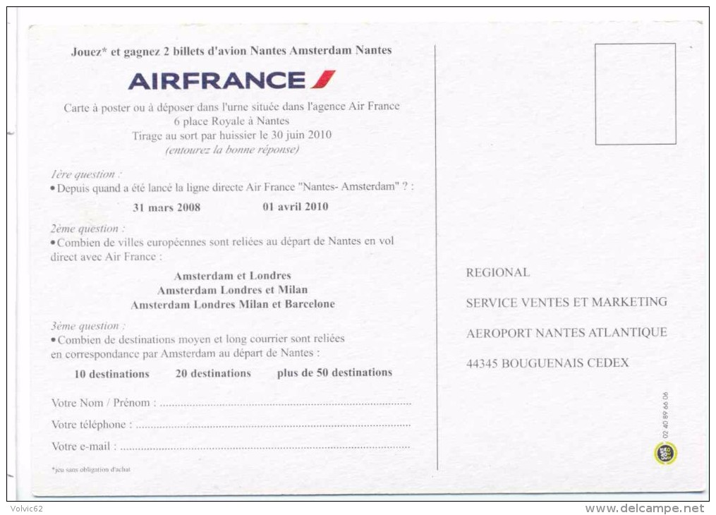 Carte Publicitaire Air France Depart Nantes Amsterdam  KLM  2010 Cart Com Eco - Advertising