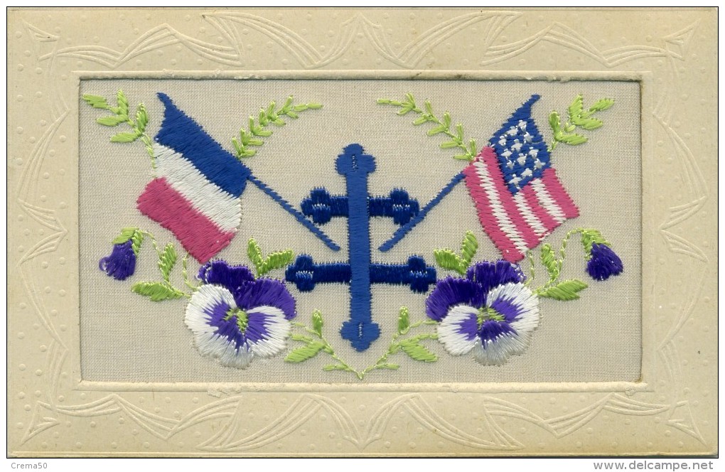 Carte Brodée Militaire - Croix De Lorraine, Drapeaux: France Et Etats Unis - Brodées