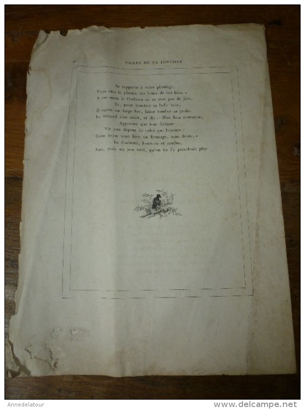Gravures anciennes de pages de FABLES de LA FONTAINE dont texte (pages éparses), gravures signées G. Doré