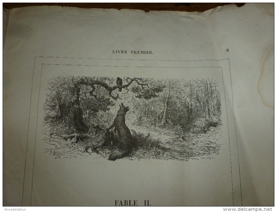 Gravures anciennes de pages de FABLES de LA FONTAINE dont texte (pages éparses), gravures signées G. Doré