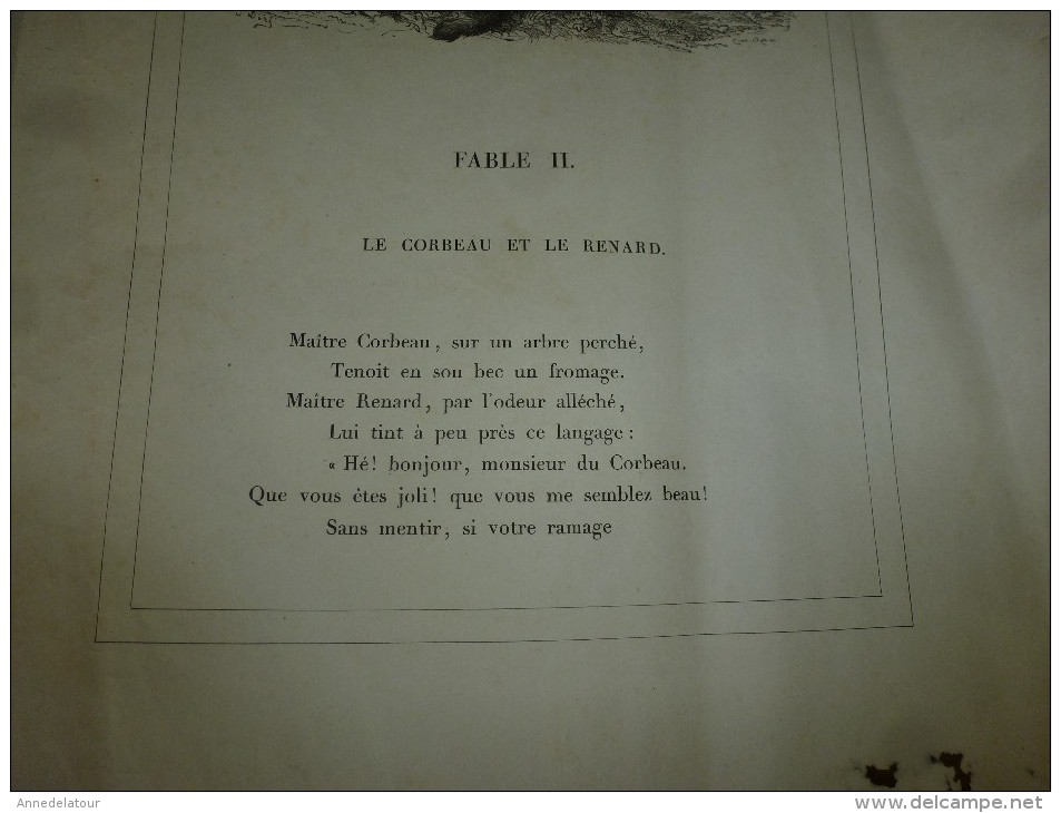 Gravures anciennes de pages de FABLES de LA FONTAINE dont texte (pages éparses), gravures signées G. Doré