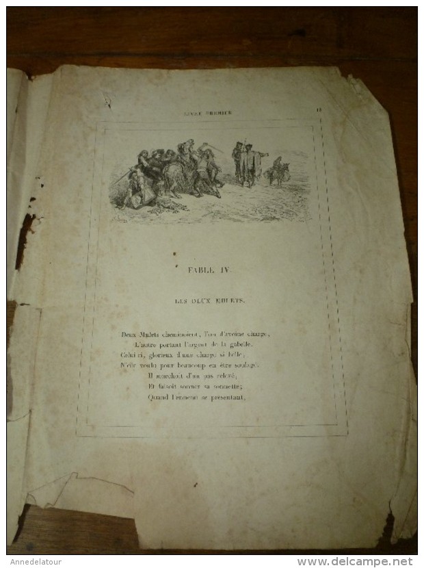 Gravures anciennes de pages de FABLES de LA FONTAINE dont texte (pages éparses), gravures signées G. Doré