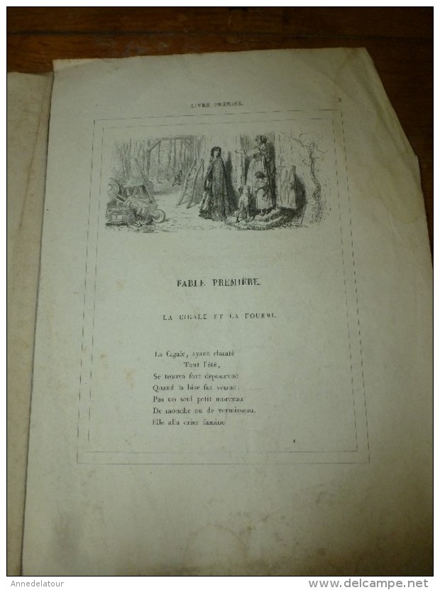 Gravures anciennes de pages de FABLES de LA FONTAINE dont texte (pages éparses), gravures signées G. Doré