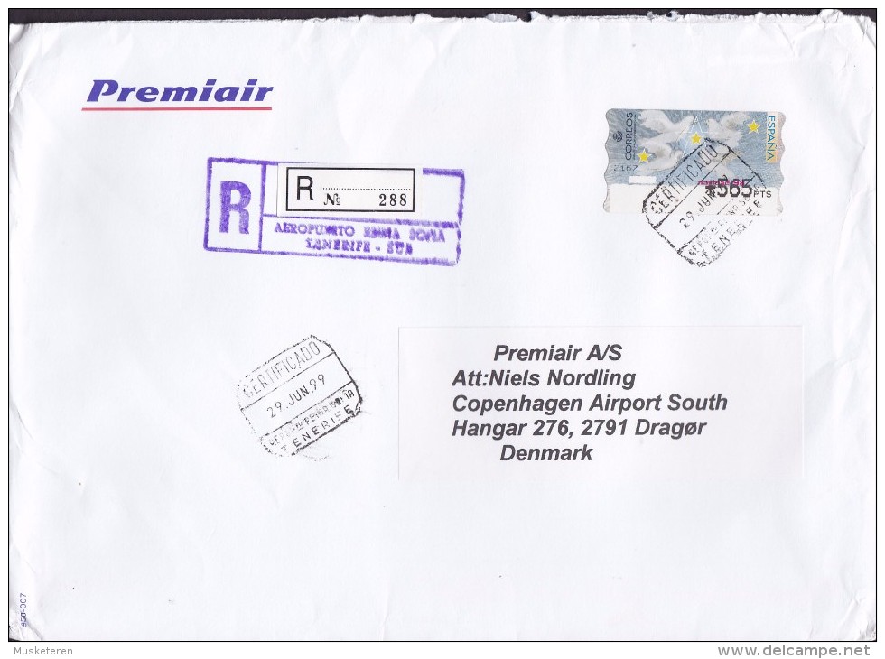 Spain PREMIAIR Registered Certificado Label AEROPUERTO Reina Sofia TENERIFE 1999 Cover Letra ATM / Frama Navidad 98 - Maschinenstempel (EMA)