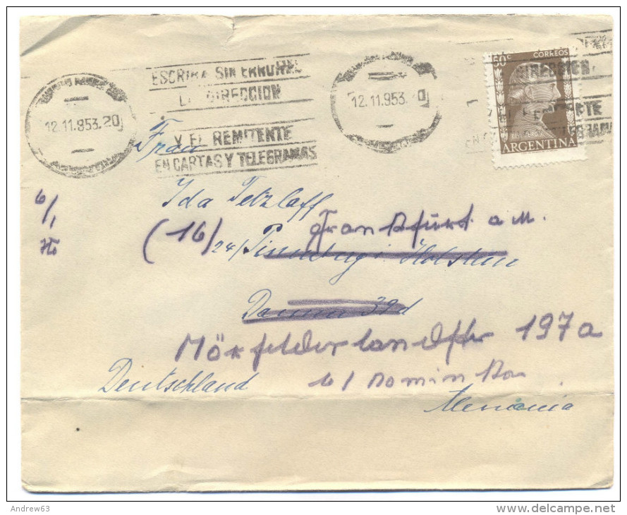 ARGENTINA - 1953 - 50c + Flamme + Change Address - Viaggiata Da Vidal Per Frankfürt, Germany - Storia Postale