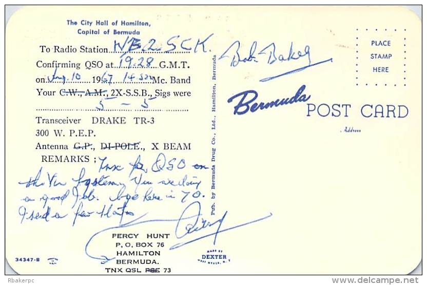 Amateur Radio QSL Card - VP9H - Bermuda - 1967 - 2 Scans - Radio Amateur