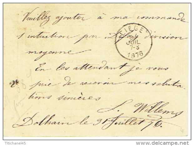 Entier Postal Lion Couché Double Cercle DOLHAIN-LIMBOURG 1876 Vers LIEGE Signé L. WILLEMS - Tarjetas 1871-1909