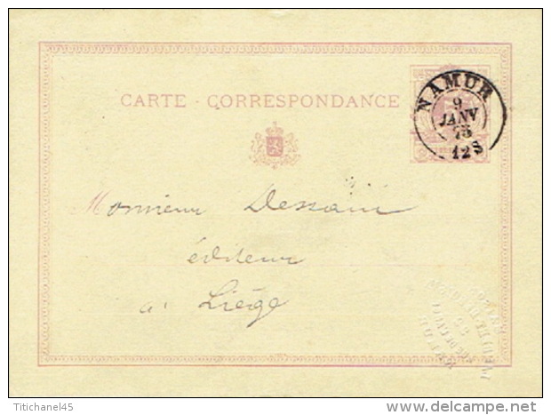 Entier Postal Lion Couché Double Cercle (type A) NAMUR 1873 Vers LIEGE Cachet à Sec MAISON LAMBERT-DEROISIN  Imprimerie - Postkarten 1871-1909