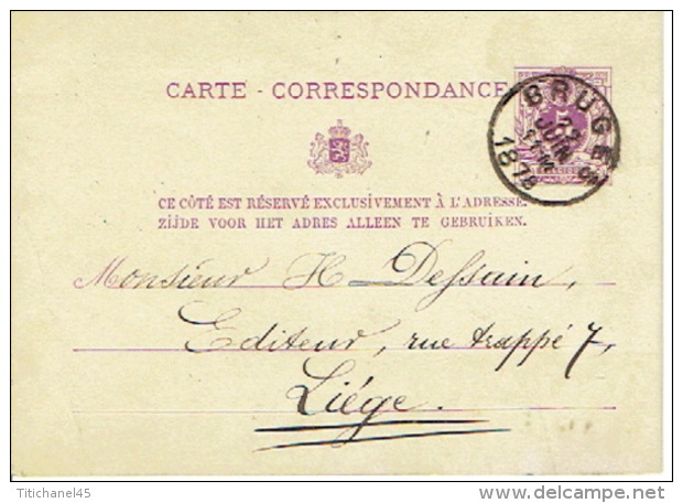 Entier Postal Lion Couché BRUGES 1878 Vers LIEGE Signé P. DELPLACE Instituteur Ecole Bogaerde - Tarjetas 1871-1909