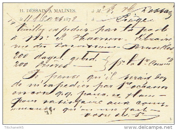Entier Postal Lion Couché MALINES 1878 Vers LIEGE Repiquage + Cachet Privé H. DESSAIN Uitgever-drukker Te MECHELEN - Postkarten 1871-1909