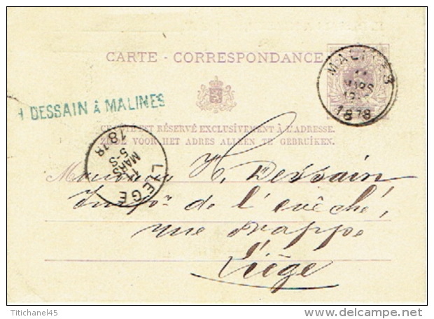 Entier Postal Lion Couché MALINES 1878 Vers LIEGE Repiquage + Cachet Privé H. DESSAIN Uitgever-drukker Te MECHELEN - Postkarten 1871-1909