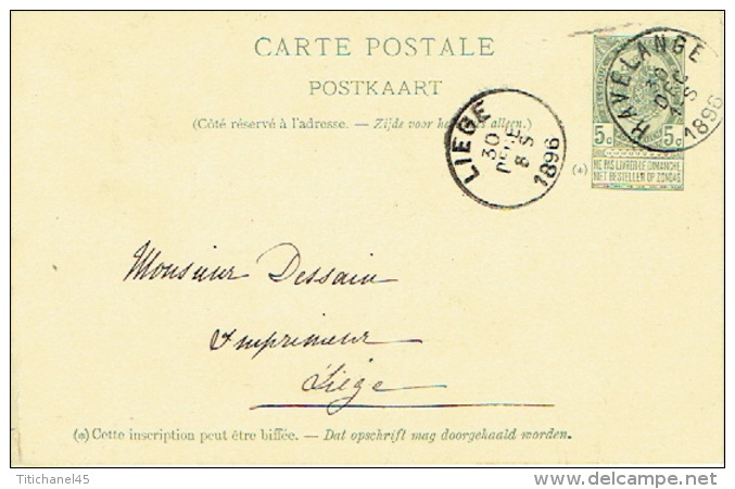 Entier Postal Lion Couché  HAAVELANGE 1895 Vers LIEGE  Signé La Comtesse Marg. De LIEDEKERKE Château De ST-FONTAINE - Postkarten 1871-1909