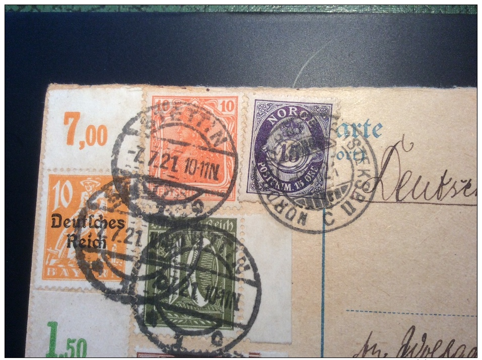 Deutsches Reich Germania Antwort Postkarte + Infla Gest. NORWEGEN BAHNPOST + Stettin 1921 (Brief Cover Norway Railroad - Briefe U. Dokumente