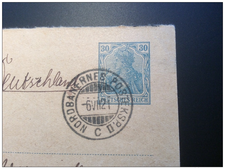 Deutsches Reich Germania Antwort Postkarte + Infla Gest. NORWEGEN BAHNPOST + Stettin 1921 (Brief Cover Norway Railroad - Briefe U. Dokumente