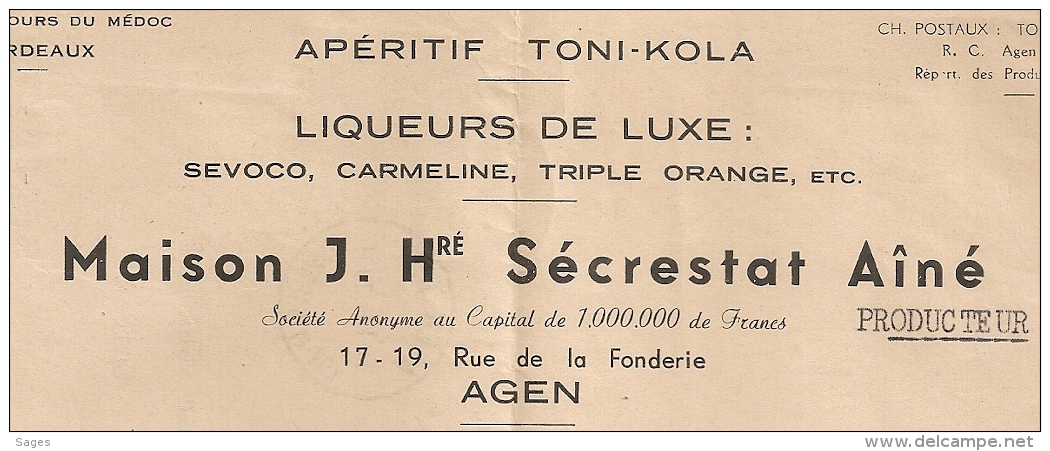 AGEN R.P. Lot Et Garonne Sur 1F20 PETAIN. 1944. APERITIF TONI KOLA ! - Oblitérations Mécaniques (flammes)