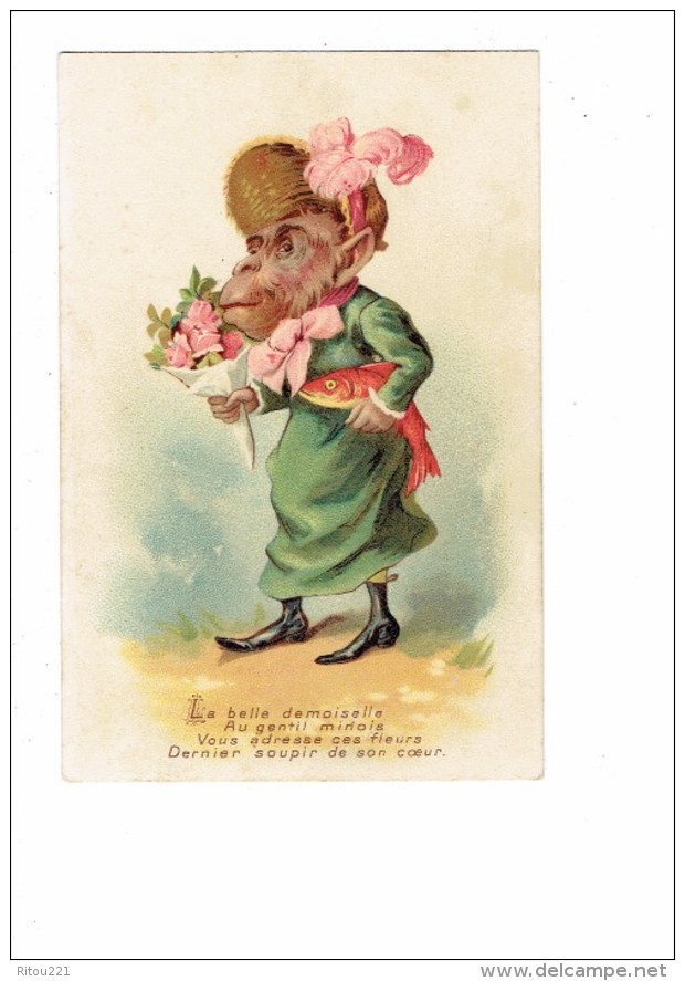 Cpa Illustration - Monkey La Belle Demoiselle Au Gentil Minois - Singe Chimpanzé Habillé Robe Chapeau Poisson 1er Avril - Dressed Animals