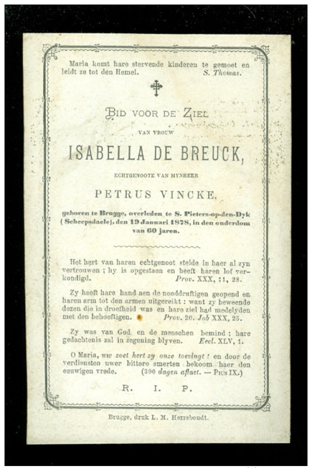 Doodsprentje ( A 238 )  De Breuck / Vincke  -  Brugge  Bruges St.Pieters - Op - Den - Dyk ( Scheepsdaele )  1878 - Décès