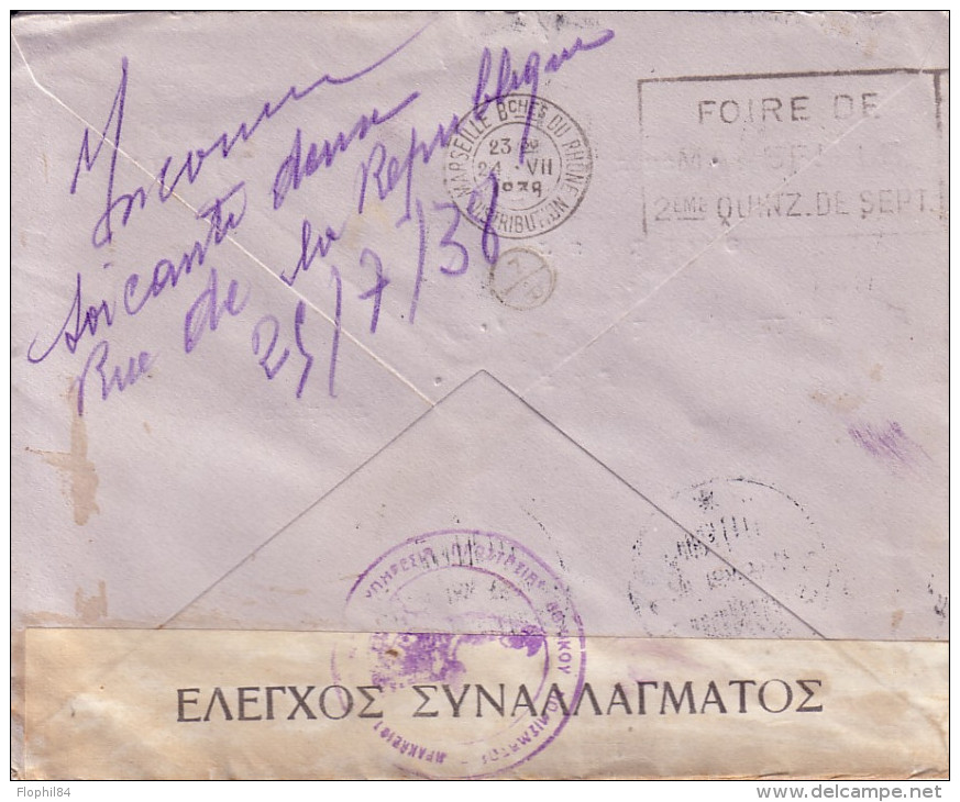 CRETE - CANDIE - BANDE DE CONTROLE DU CHANGE - LETTRE POUR MARSEILLE LE 20-7-1938. - Crète