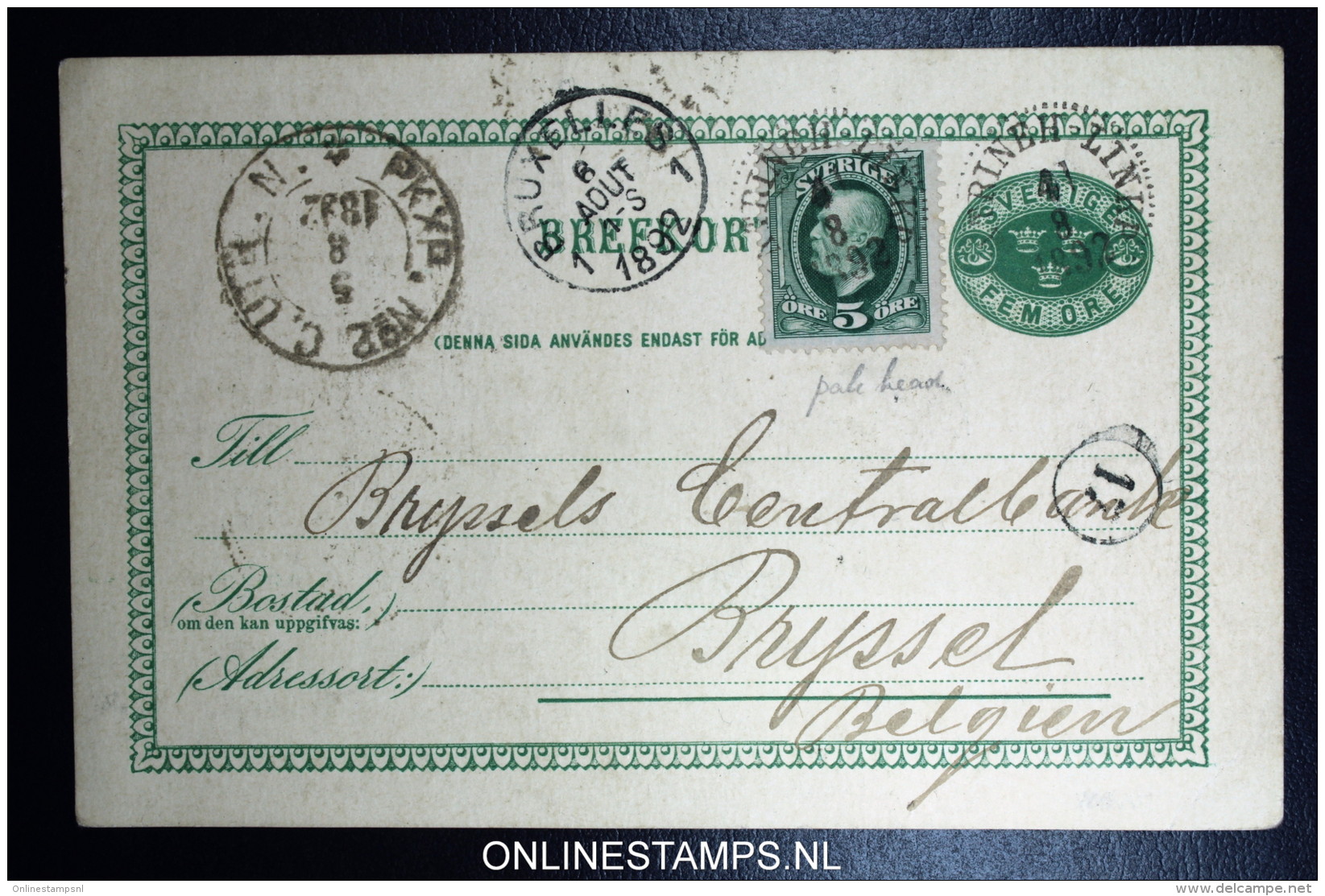 Sweden: Postcard Facit 52B Norrköping To Brussels Traincancel KATRINEH LINKP 4-8-1892  C.UTH.N. PXXP No. 2 - Enteros Postales