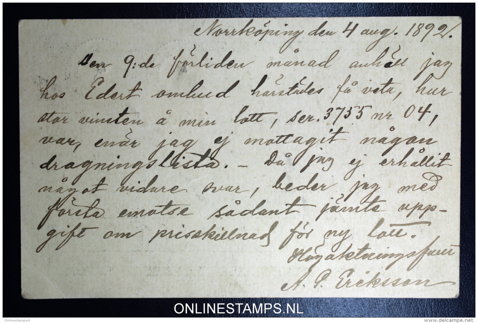 Sweden: Postcard Facit 52B Norrköping To Brussels Traincancel KATRINEH LINKP 4-8-1892  C.UTH.N. PXXP No. 2 - Postal Stationery