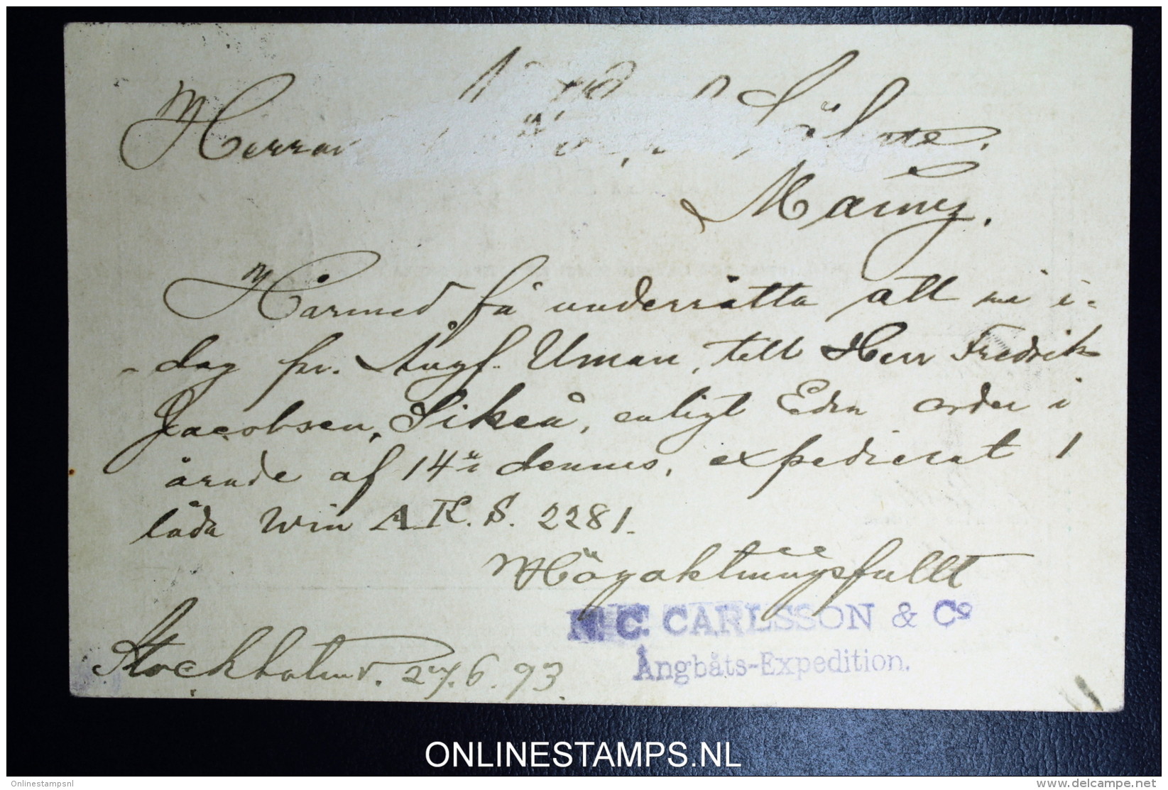 Sweden: Postcard Facit 52B Stockholm To Mainz Germany 28-6-1893 - Entiers Postaux