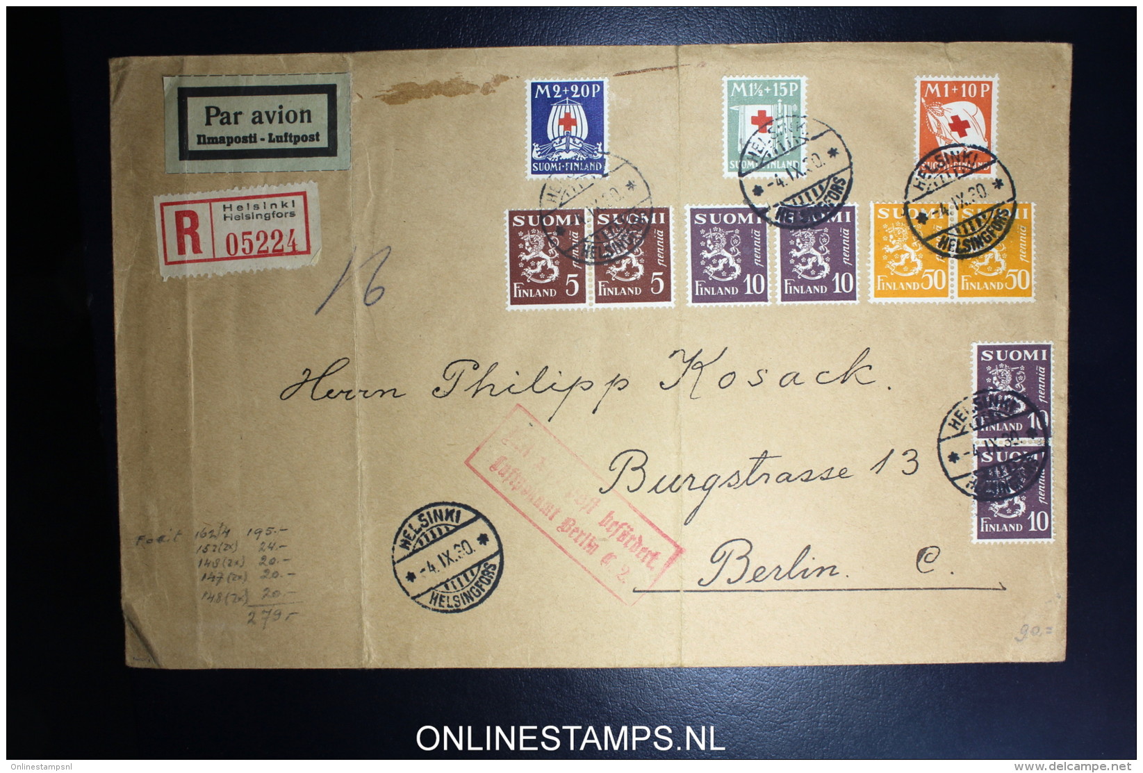 Finland Registered Airmail Cover 1930 Mixed Stamps Helsinki To Berlin  Mi 158 - 160 - Covers & Documents