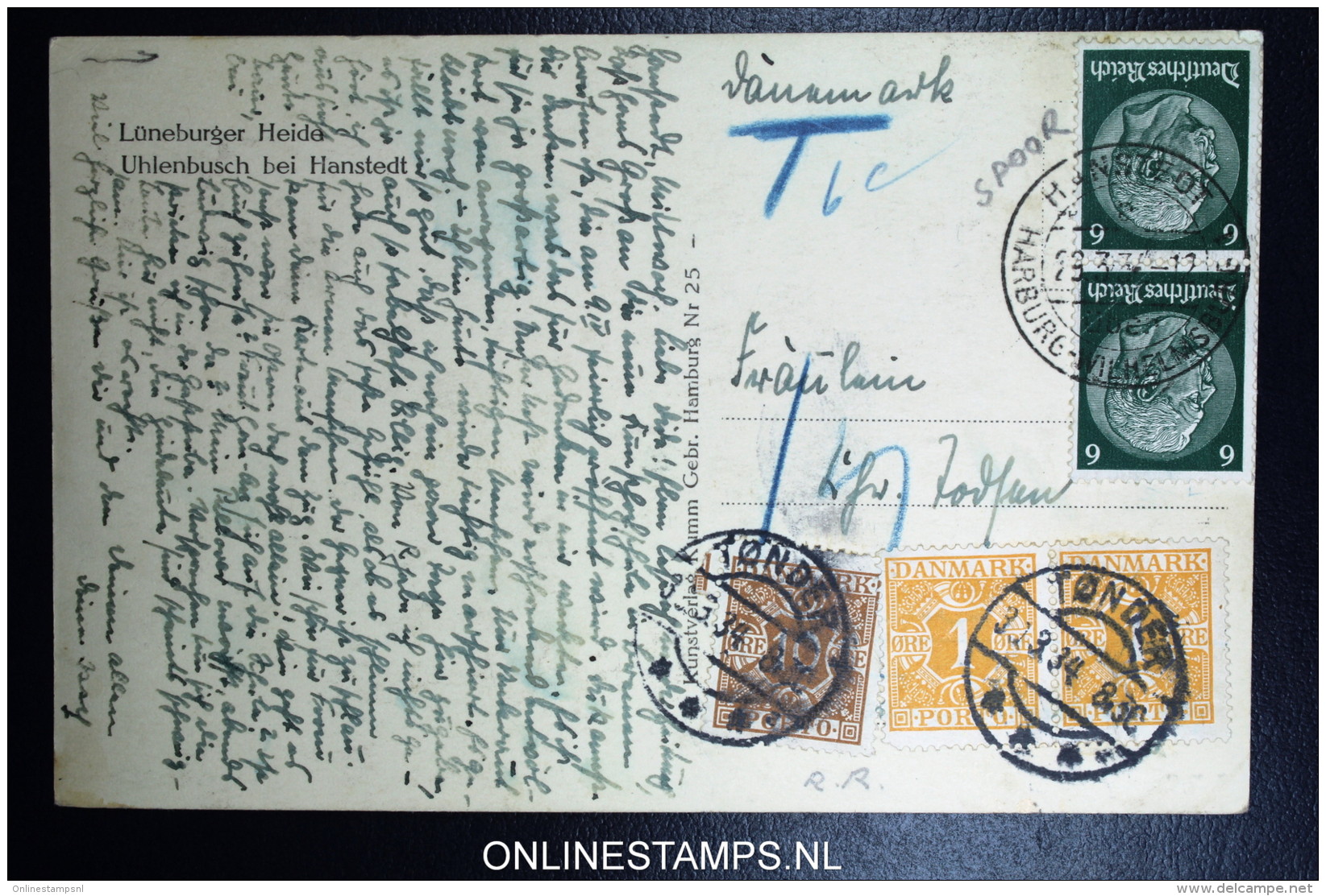 Denmark  Fa Port 10 +17  On Postcard Germany (traincancel) 1934 To Denmark - Covers & Documents