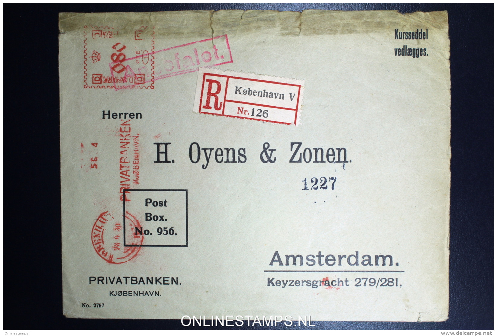 Denmark  Machine Cancel 80 Ore (RR) Registered Cover Copenhaen To Amsterdam 1930 - Cartas & Documentos